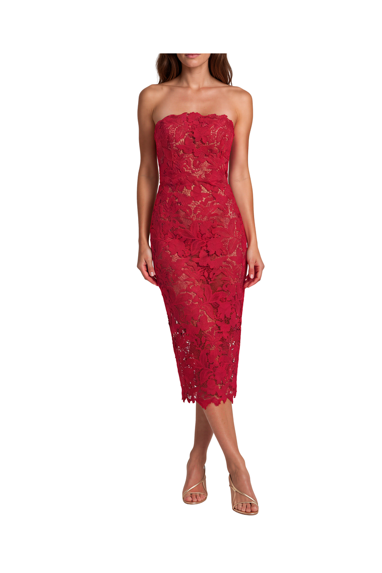 Strapless Guipure Lace Column Midi Dress, Main, color, Raspberry