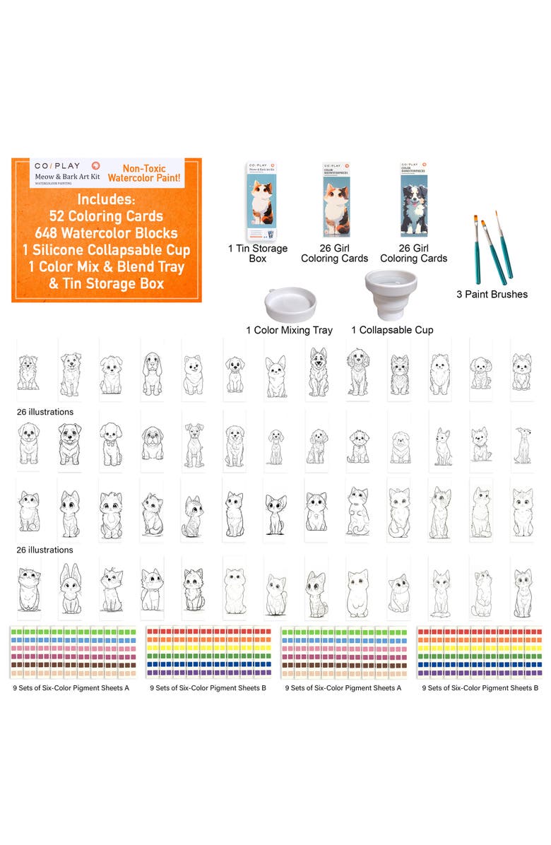 COIPLAY Watercolor Painting Art Kit Meow & Bark Tin Box, Kids 6+, Alternate, color, Multicolored