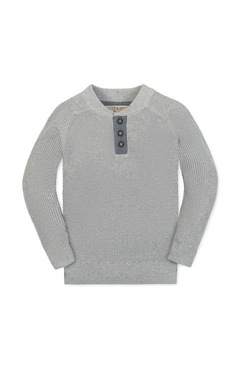 Kids' Organic Long Sleeve Henley Pullover Sweater with Elbow Patches