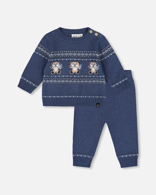 Deux Par Deux Knitted Jacquard Sweater And Pant Set With Bears In Blue