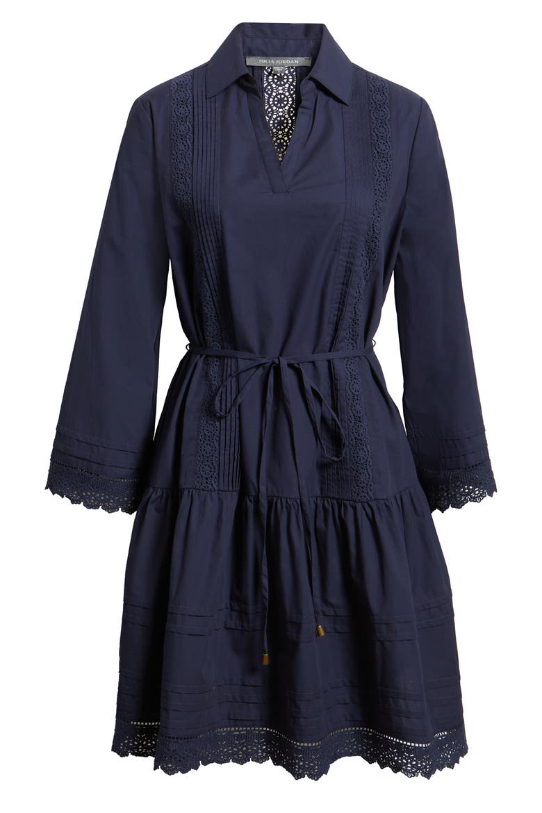 Lace Trim Tie Waist Long Sleeve Dress, Alternate, color, NAVY
