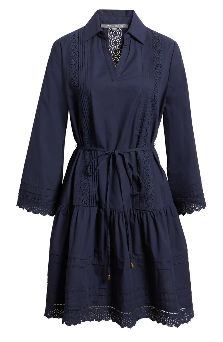Julia Jordan Lace Trim Tie Waist Long Sleeve Dress, Alternate, color, Navy