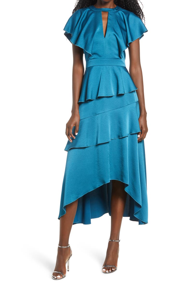 Tiered Satin Midi Dress, Main, color, BLUE MULTI