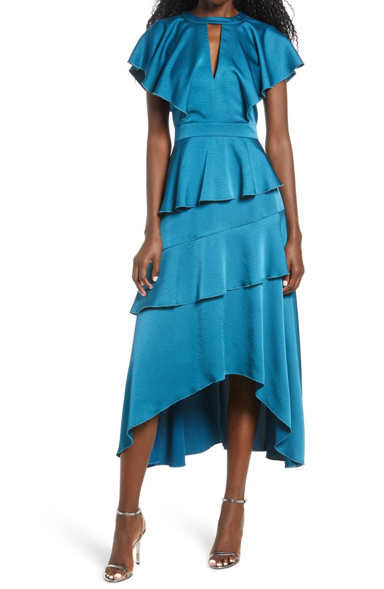 Harlyn Tiered Satin Midi Dress, Main, color,