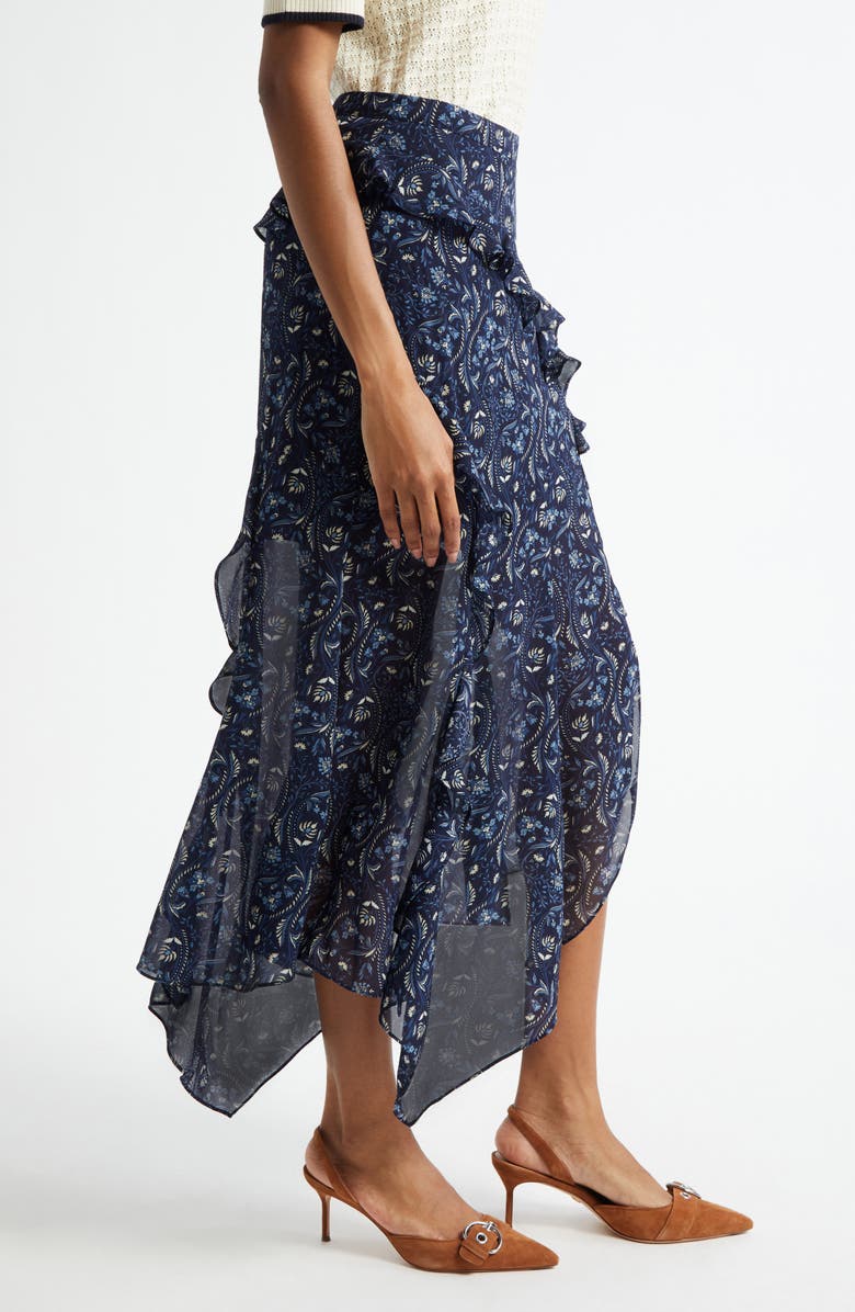 Veronica Beard Elenora Ruffle Floral Paisley Midi Skirt, Alternate, color, Navy Multi