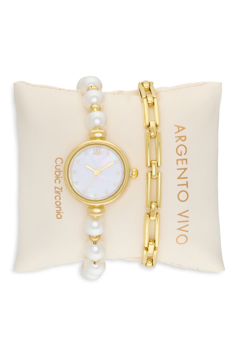 Mother-of-Pearl Watch & Chain Bracelet Set, Main, color, GOLD