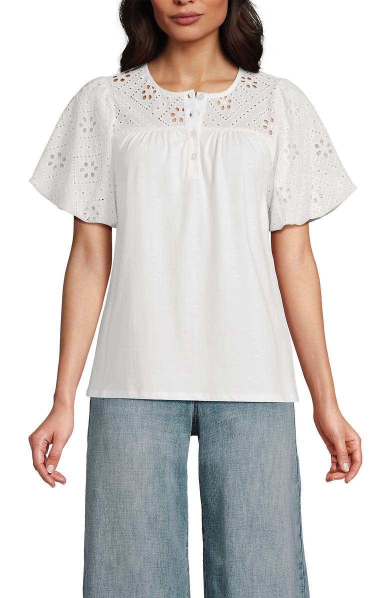 Lands' End Eyelet Crew Puff Sleeve Top, Main, color, White