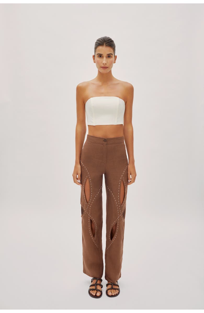 Labeca London Asher Cappuccino Linen Cut Out Contrast Stitch Pants, Main, color, Brown