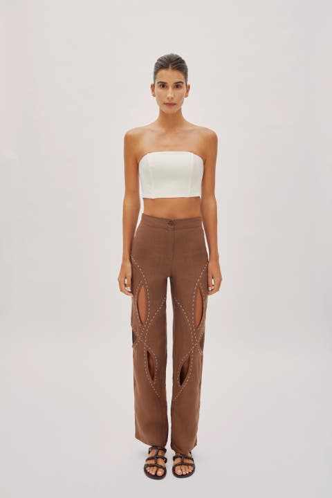 Asher Cappuccino Linen Cut Out Contrast Stitch Pants