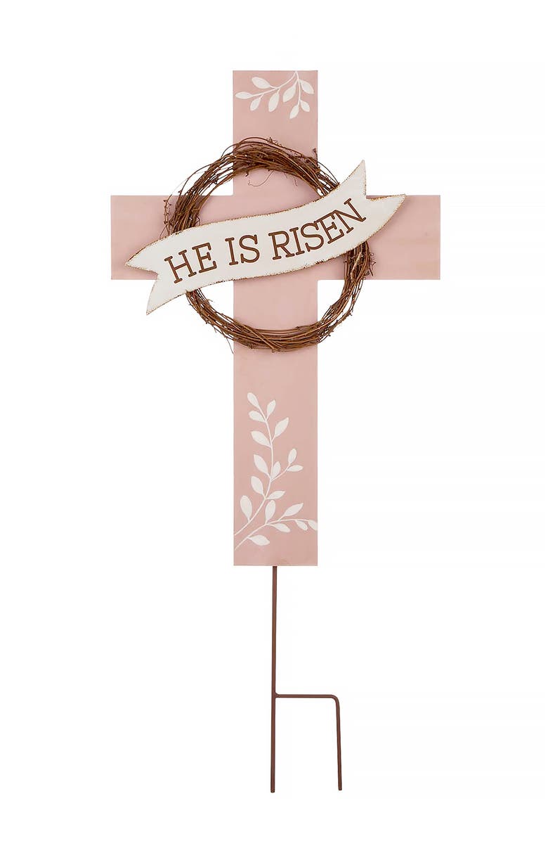 Glitzhome 32"H Easter Wooden Metal Cross Yard Stake or Wall Decor, Main, color, Brown