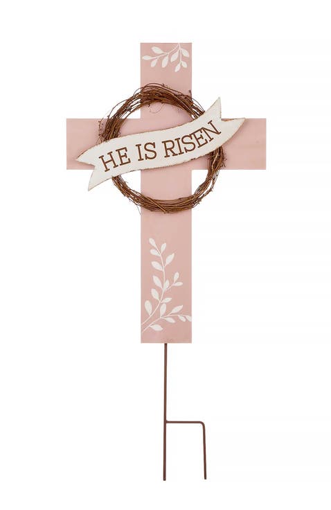32"H Easter Wooden Metal Cross Yard Stake or Wall Decor