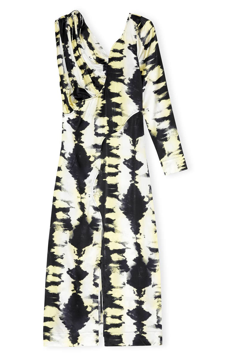 Ganni Ruched One Shoulder Long Sleeve Satin Maxi Dress, Main, color,