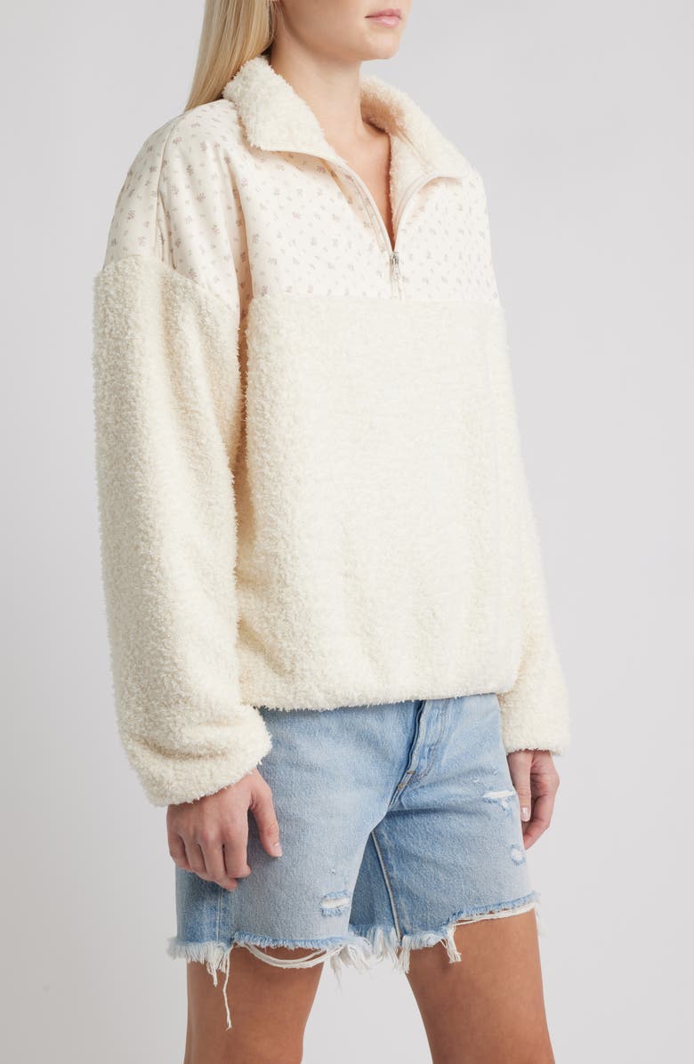 HAPPY CAMP3R Vintage Flower Aria Mixed Media Quarter Zip Fleece Sweatshirt, Alternate, color, Cream