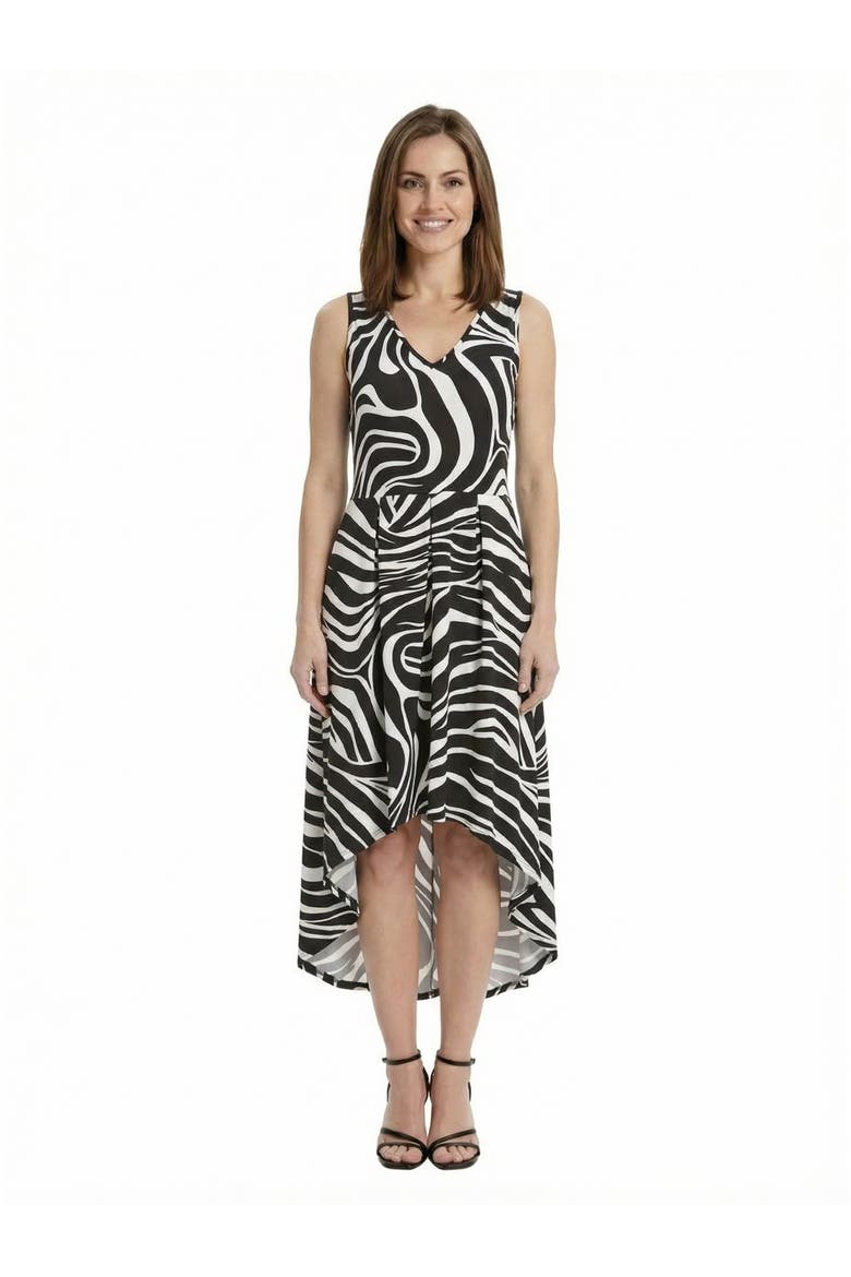Elevate Petite Zebra Sleeveless Fit N Flare High Low Pocket Midi Dress, Main, color, Black Multi
