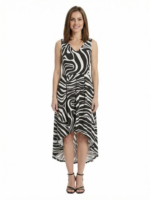 24seven Comfort Apparel Elevate Petite Zebra Sleeveless Fit N Flare High Low Pocket Midi Dress