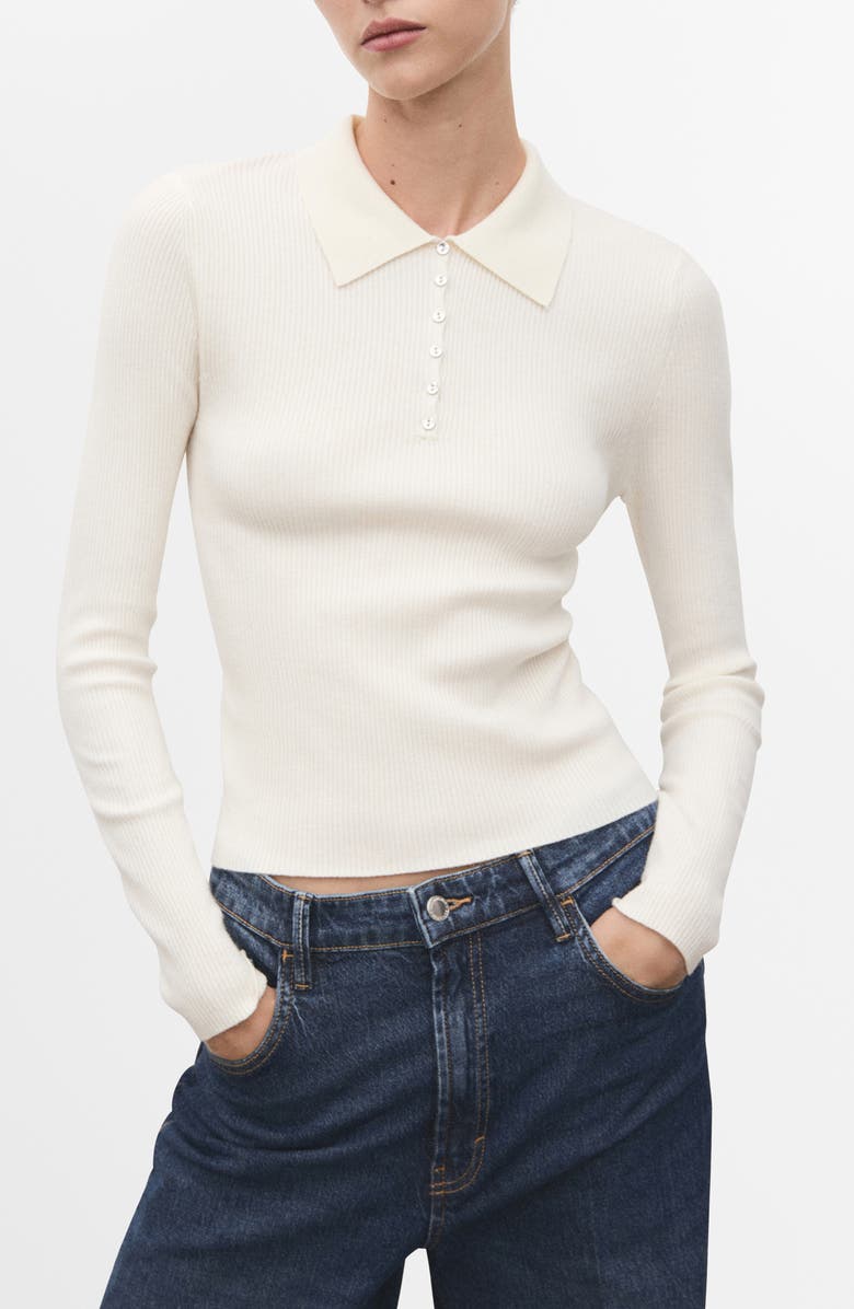 MANGO Rib Long Sleeve Polo Sweater, Main, color, Ecru