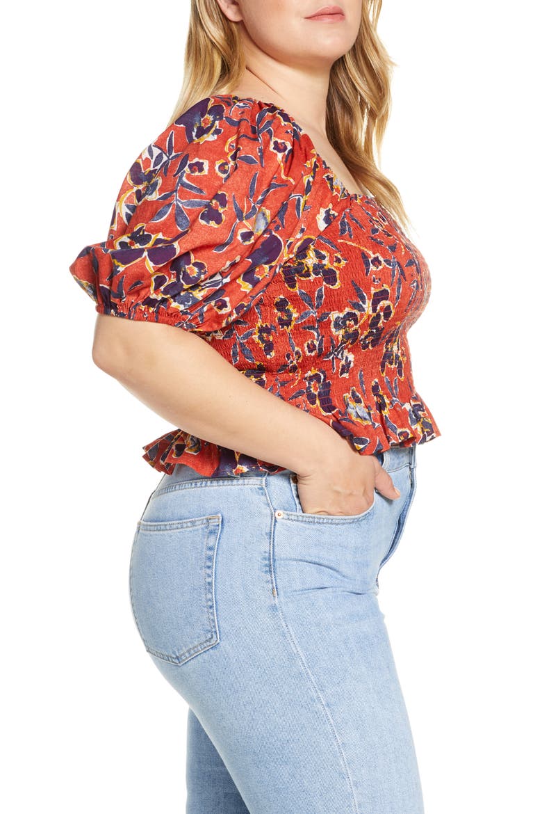 Print Smocked Crop Top, Alternate, color, RED OCHRE ABSTRACT FLORAL