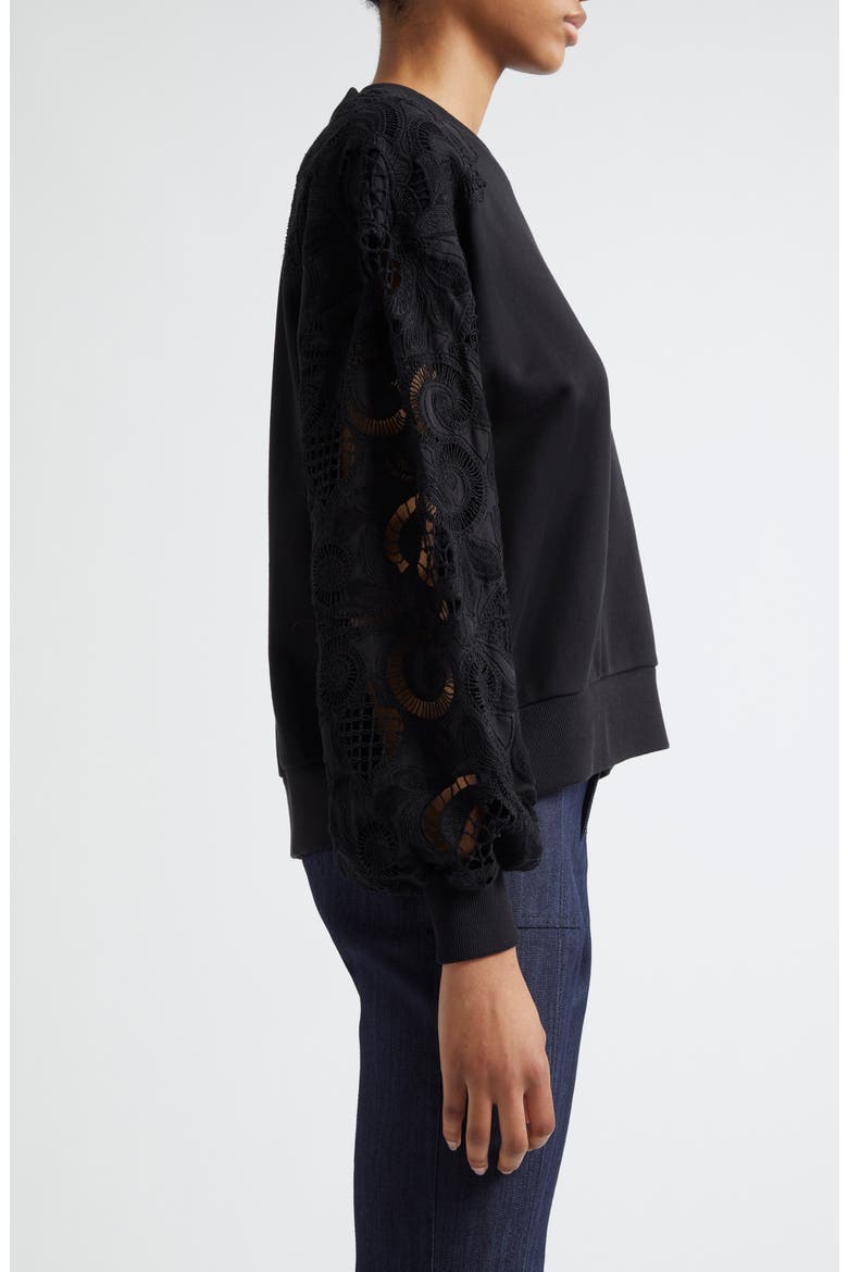 Lace Sleeve Cotton Sweatshirt, Alternate, color, BLACK