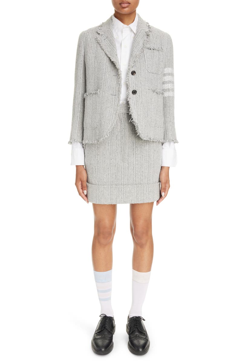 Thom Browne 4-Bar Unconstructed Shrunken Tweed Blazer, Alternate, color, Medium Grey