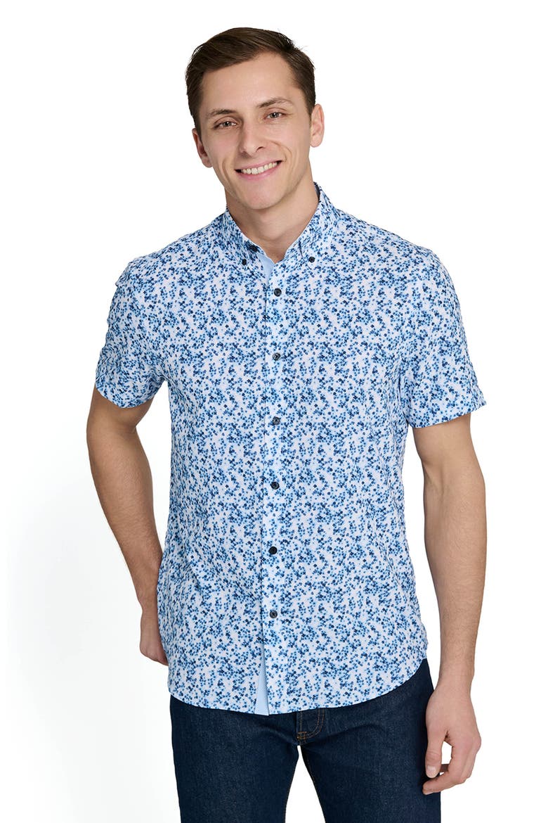 Slim Fit 4-Way Stretch Short Sleeve Button-Up Performance Shirt, Alternate, color, WHITE/ BLUE