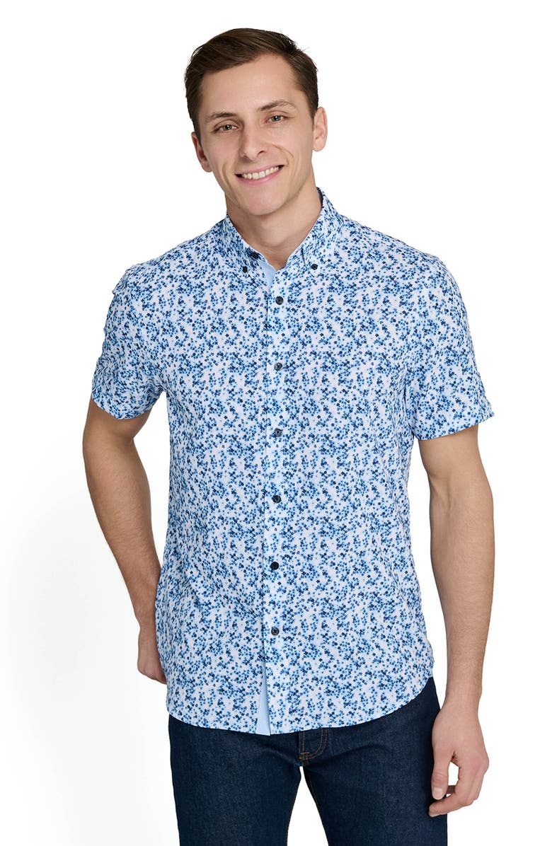 CONSTRUCT Slim Fit 4-Way Stretch Short Sleeve Button-Up Performance Shirt, Alternate, color, White/ Blue