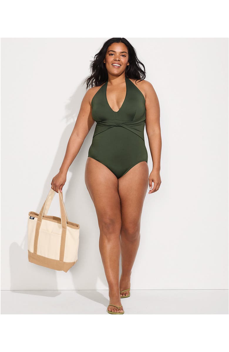 Lands' End Plus Size Sculpting Suit Plunge Halter High Leg One Piece Swimsuit, Alternate, color, Rich Olive Green