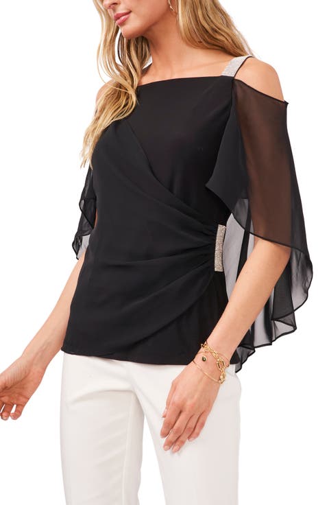 Rhinestone Trim Cold Shoulder Chiffon Blouse