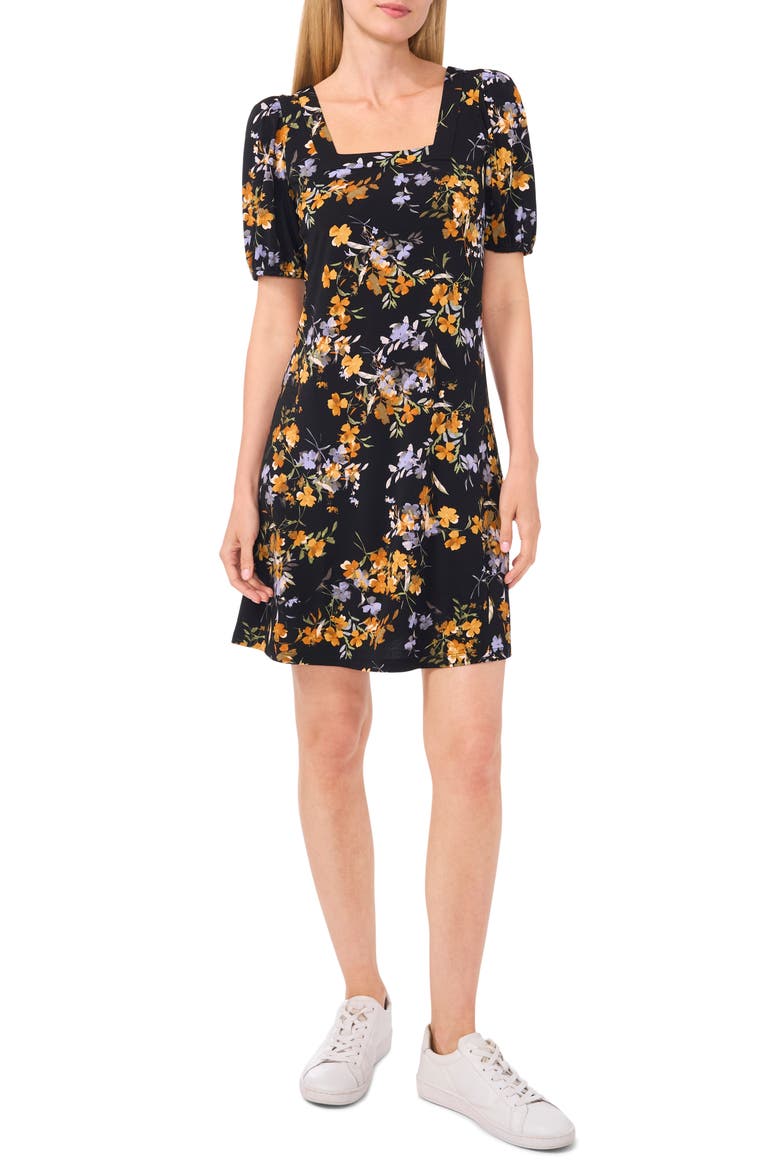 Floral Square Neck Crepe Knit Dress, Alternate, color, RICH BLACK