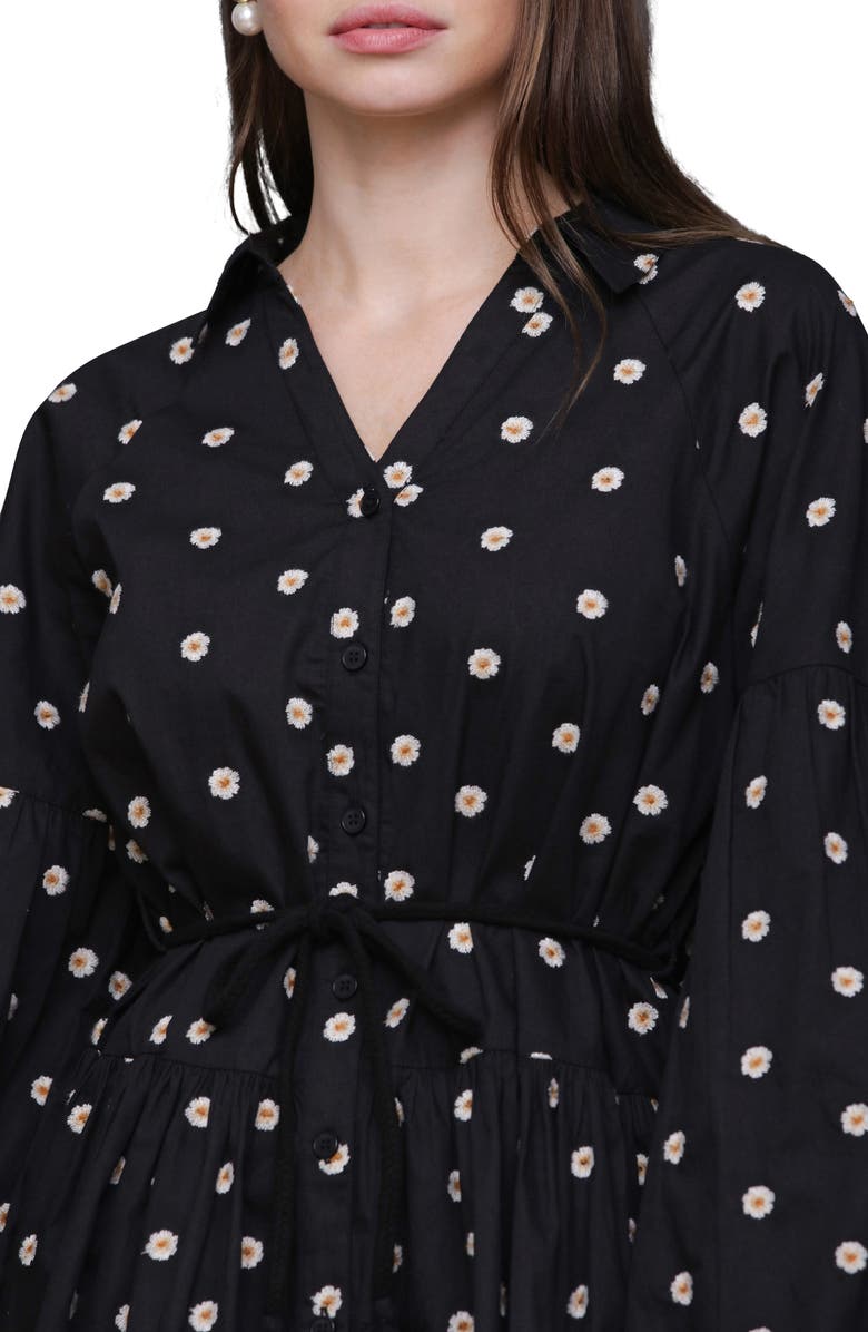 Avec Les Filles Embroidered Long Sleeve Babydoll Mini Shirtdress, Alternate, color, Black Daisy Embroide