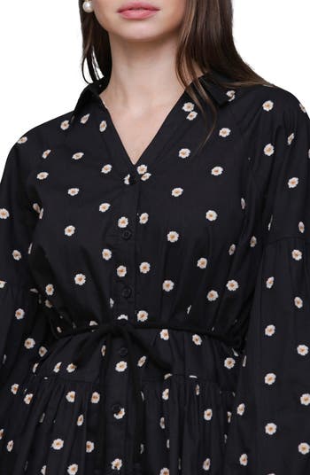 Embroidered Long Sleeve Babydoll Mini Shirtdress
