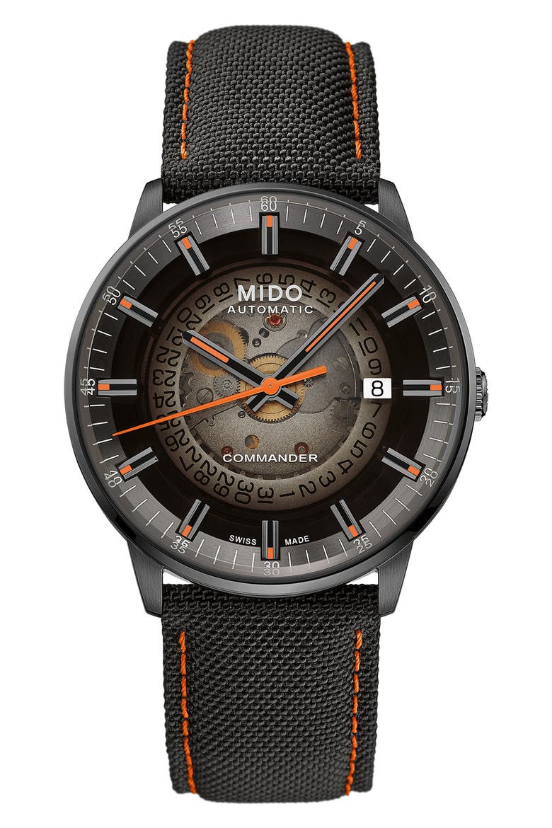 Commander Gradient Skeletal Automatic Canvas Strap Watch, 40mm, Main, color, BLACK