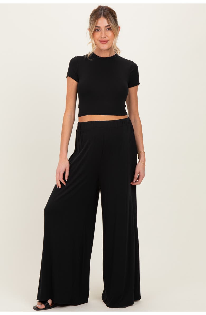 PinkBlush Short Sleeve Crop Top Wide Leg Pant Set, Alternate, color, Black
