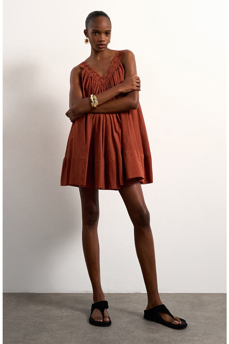 Lace Trim Sleeveless Trapeze Minidress, Main, color, COPPER