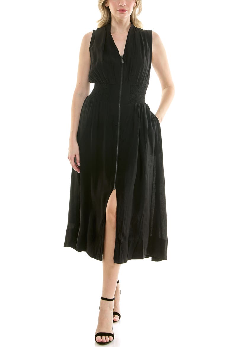 Smocked Waist Zip Front Midi Dress, Main, color, VERY BLACK