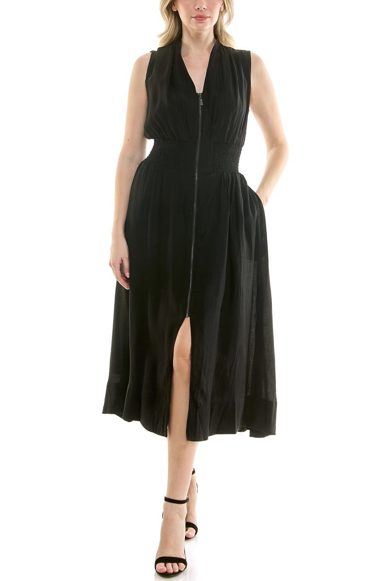 Nicole Miller Smocked Waist Zip Front Midi Dress, Main, color, Very Black