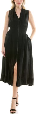 Nicole Miller Smocked Waist Zip Front Midi Dress