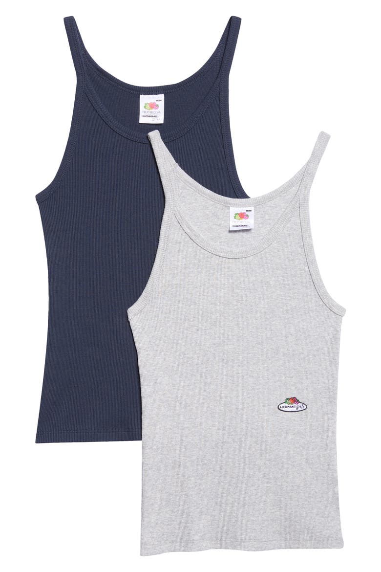 x Fruit of the Loom 2-Pack Cotton Rib Camisoles, Main, color, HEATHER GREY/ NAVY
