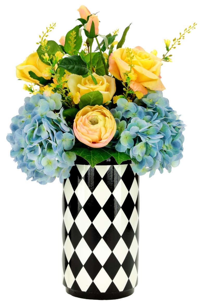 Hydrangea and Rose Arrangement in Vase, Main, color, Yellow