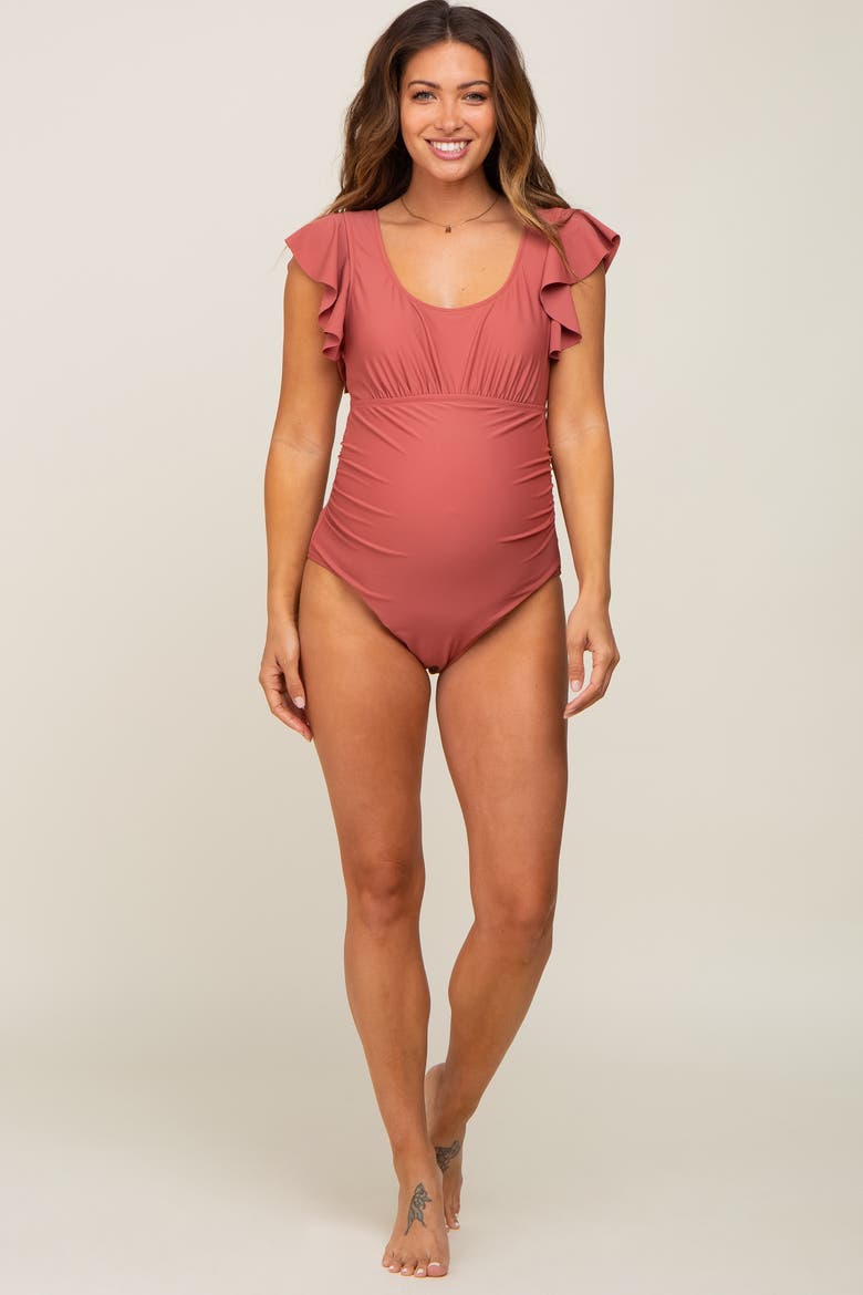 Ruffle Shoulder Pleated Side One Piece Swimsuit, Alternate, color, Rust
