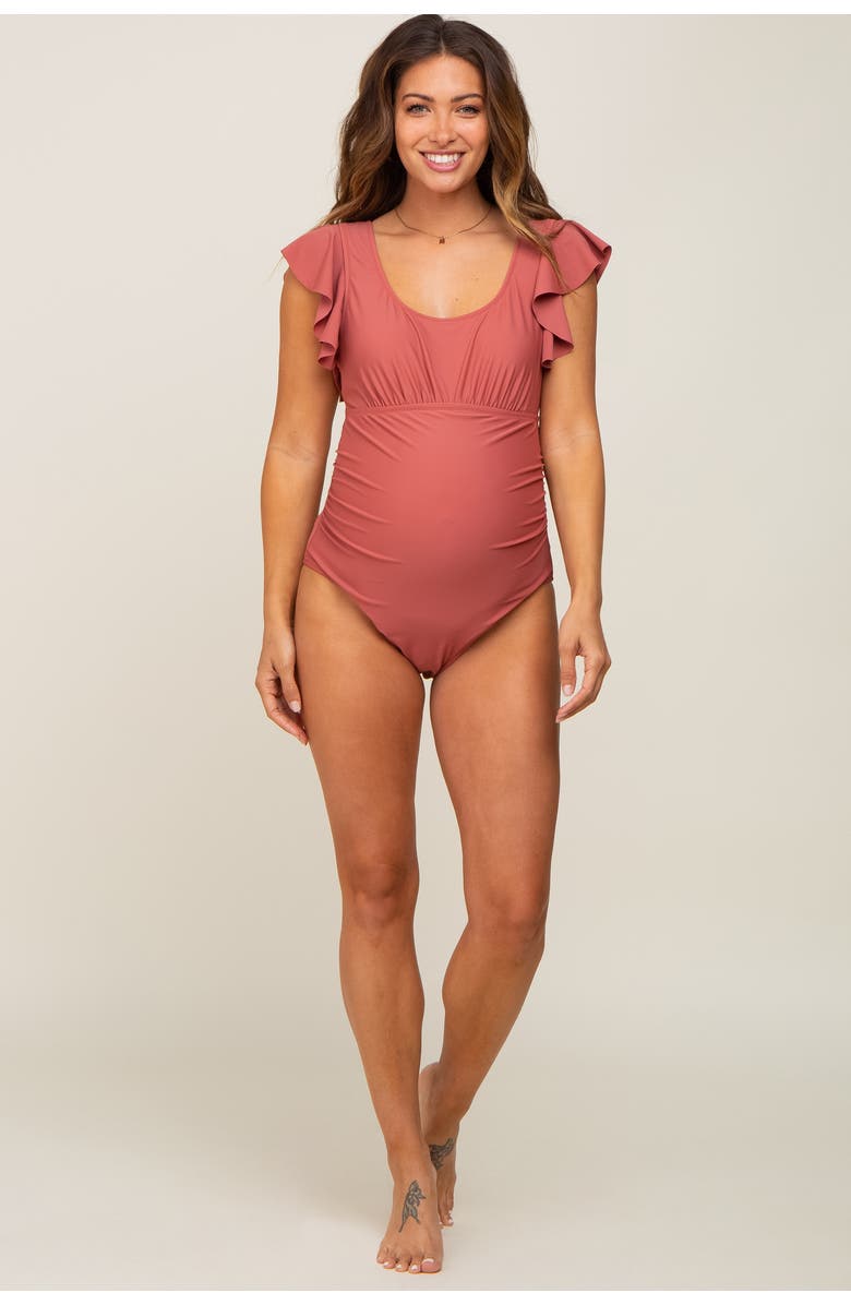 PinkBlush Ruffle Shoulder Pleated Side One Piece Swimsuit, Alternate, color, Rust