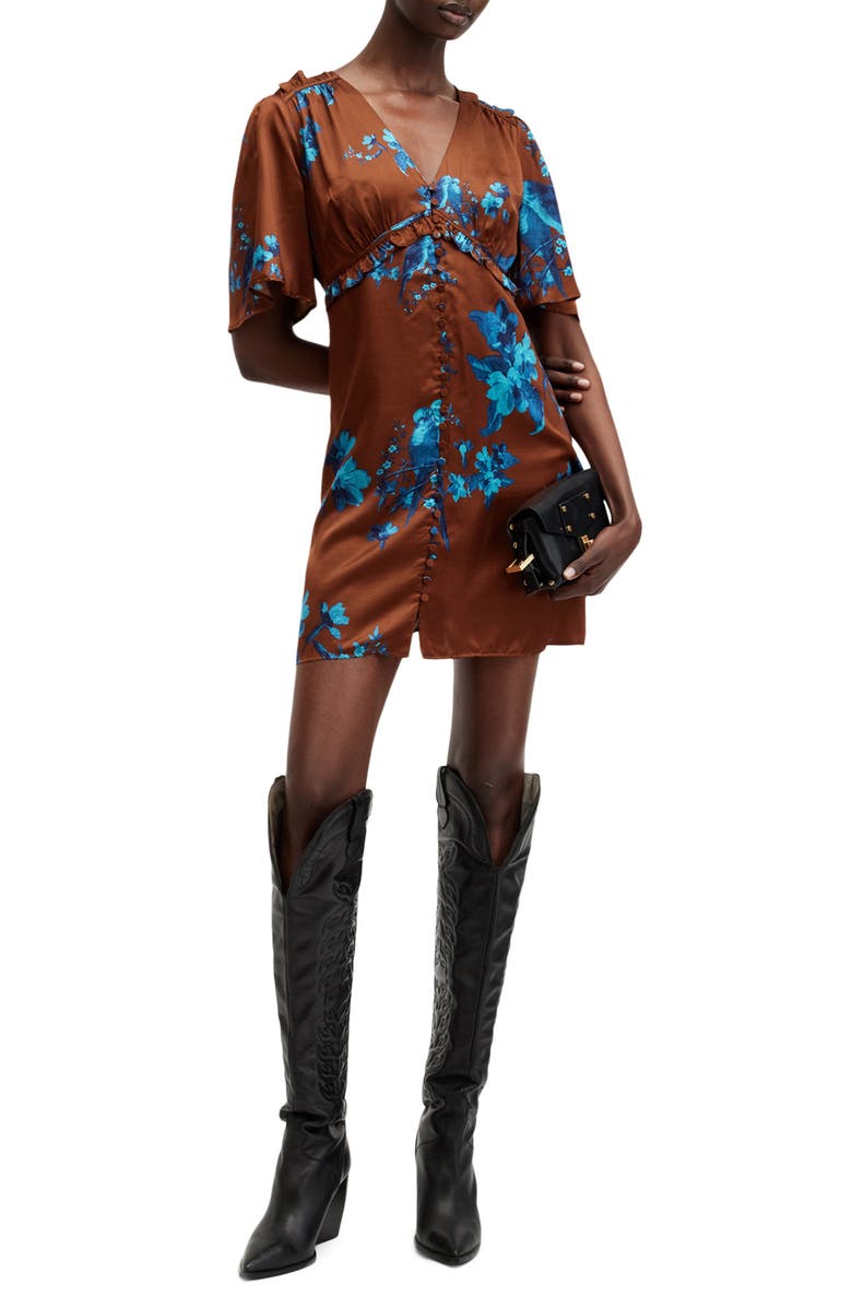 AllSaints Tian Iona Short Sleeve Empire Waist Satin Dress, Main, color, Rust Red