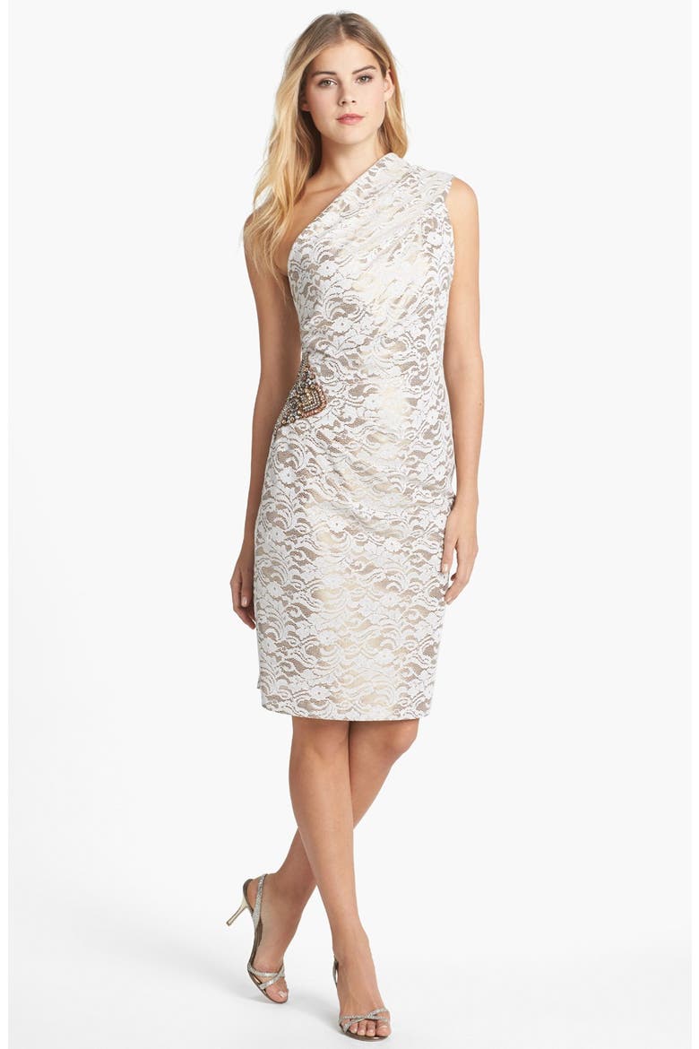 Embellished One-Shoulder Lace Sheath Dress, Main, color, CREAM