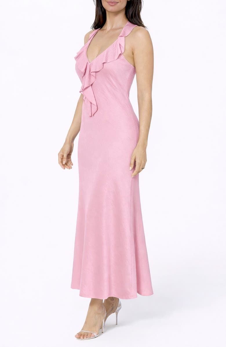 bebe Crushed Satin Ruffle Halter Dress, Alternate, color, Rose