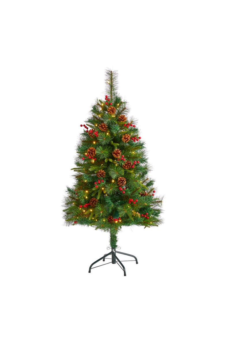 NEARLY NATURAL 4-ft Mixed Pine Artificial Christmas Tree with 100 Clear LED Lights, Pine Cones and Berries, Main, color, Green