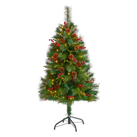 4-ft Mixed Pine Artificial Christmas Tree with 100 Clear LED Lights, Pine Cones and Berries