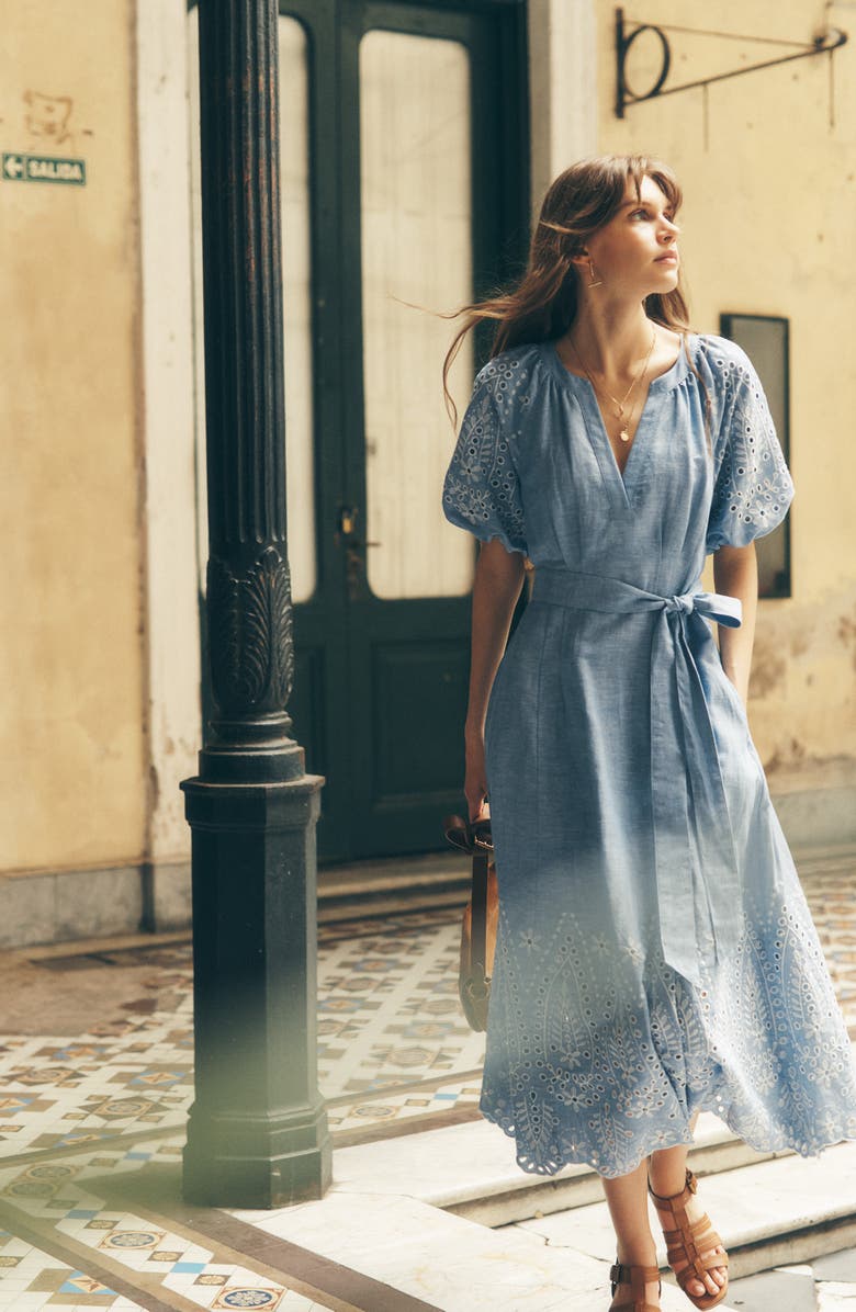 Boden Florence Embroidered Eyelet Linen & Cotton Puff Sleeve Dress, Alternate, color, Grey Blue Chambray