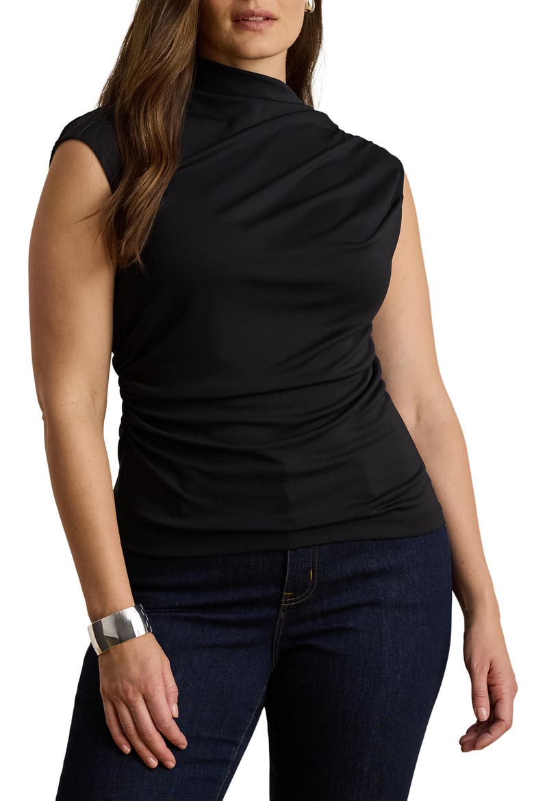 Matte Jersey Asymmetric Sleeve Top, Alternate, color, BLACK