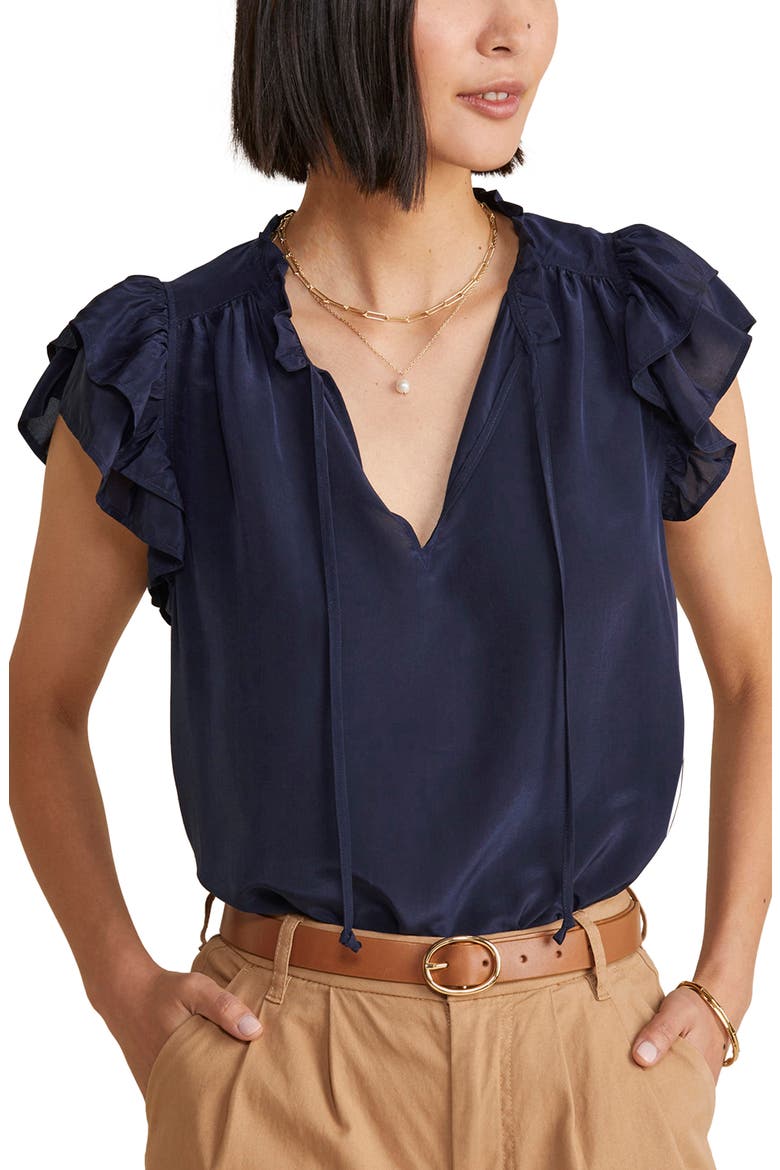 Cupro & Silk Flutter Sleeve Top, Main, color, NAUTICAL NAVY
