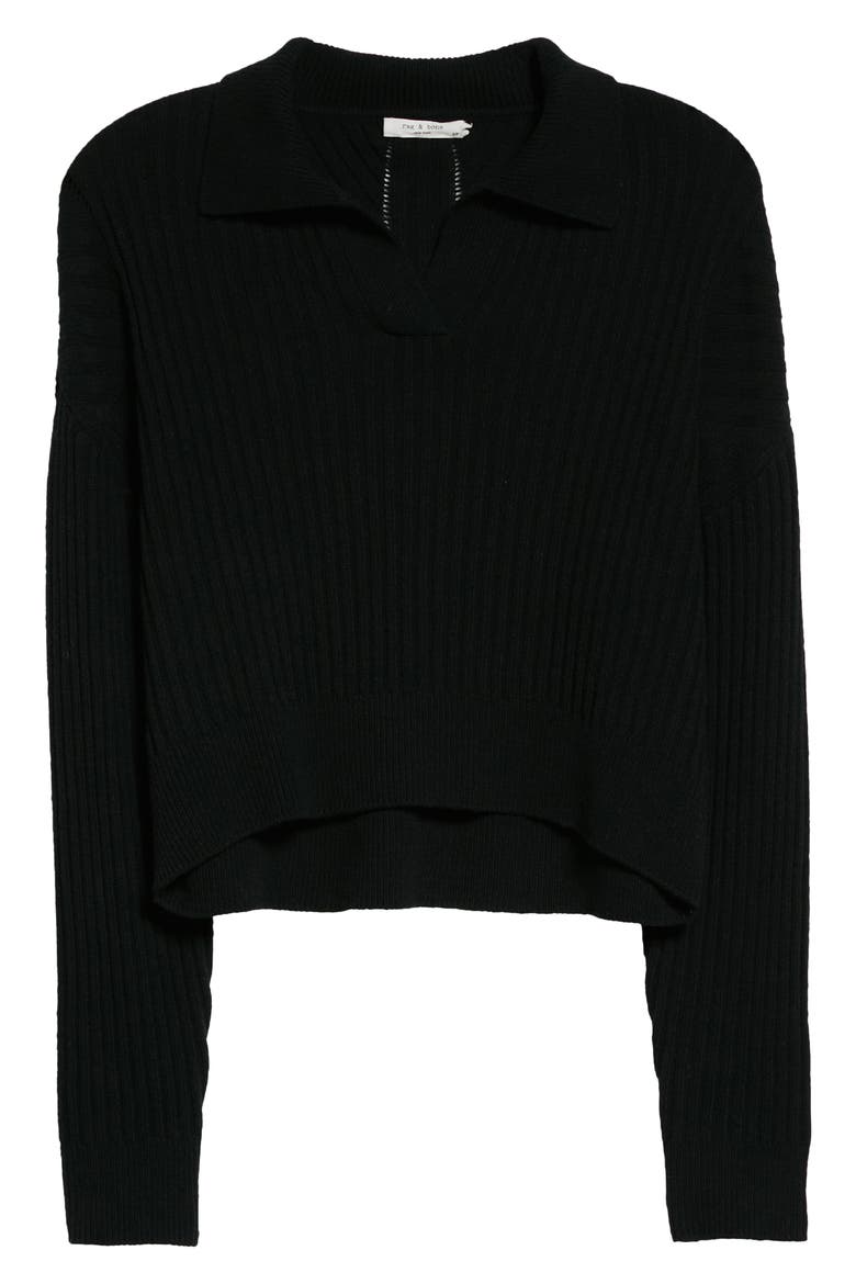 Maxine Ribbed Merino Wool & Cotton Blend Polo Sweater, Alternate, color, BLACK
