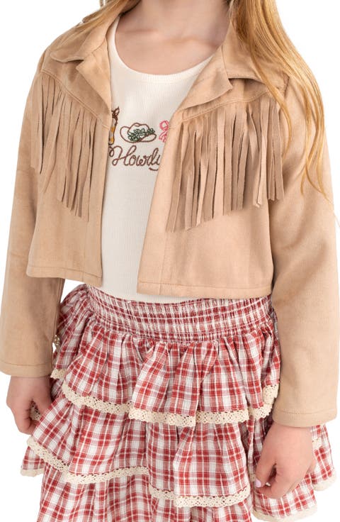 Kids' 3-Piece Faux Suede Fringe Jacket, Top & Plaid Skirt Set